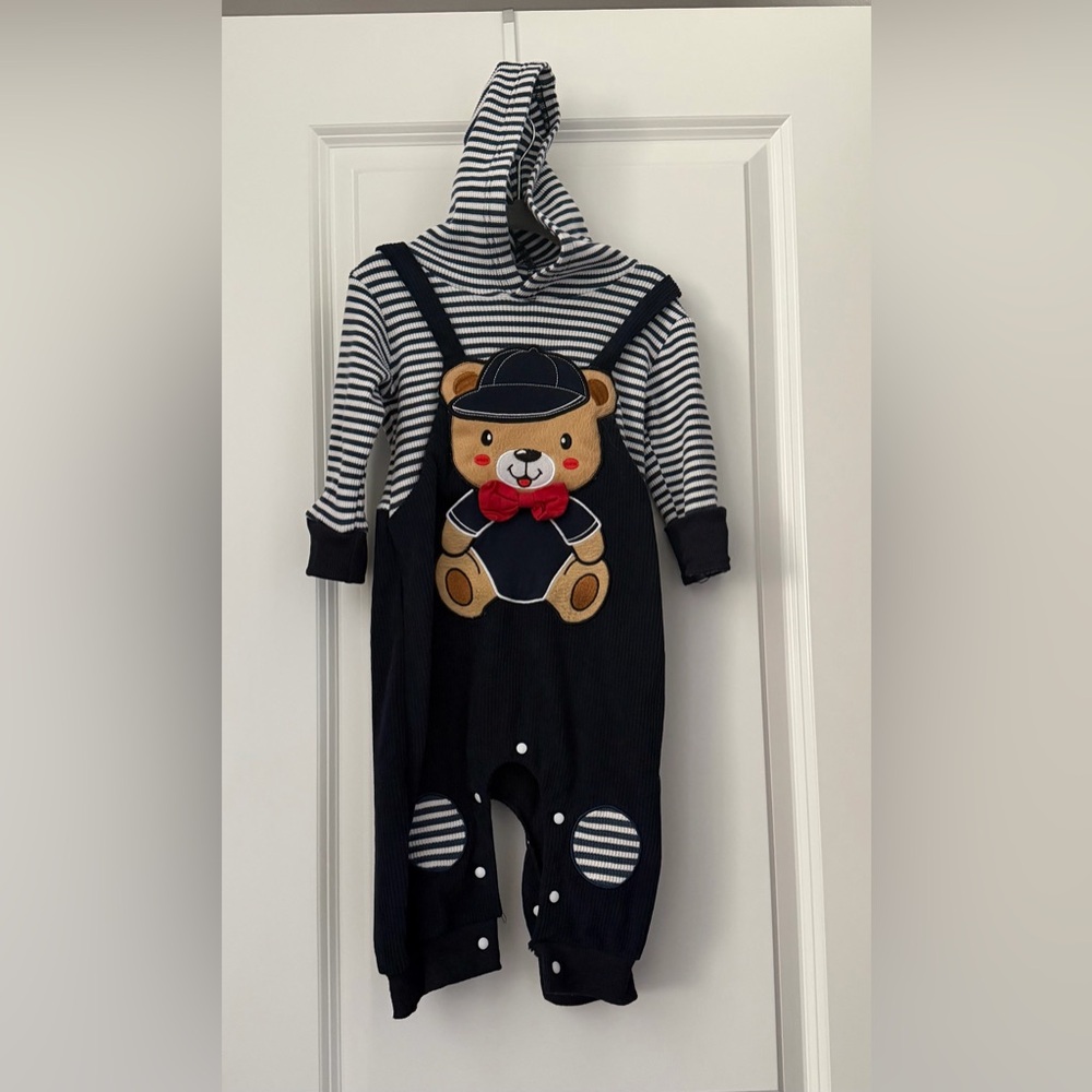 Navy Striped Bear Appliqué Baby Overalls Set